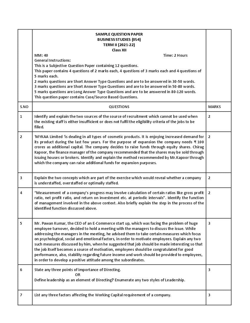 CBSE Class 12 Sample Paper 2022 for Business Studies Term 2 - Page 1