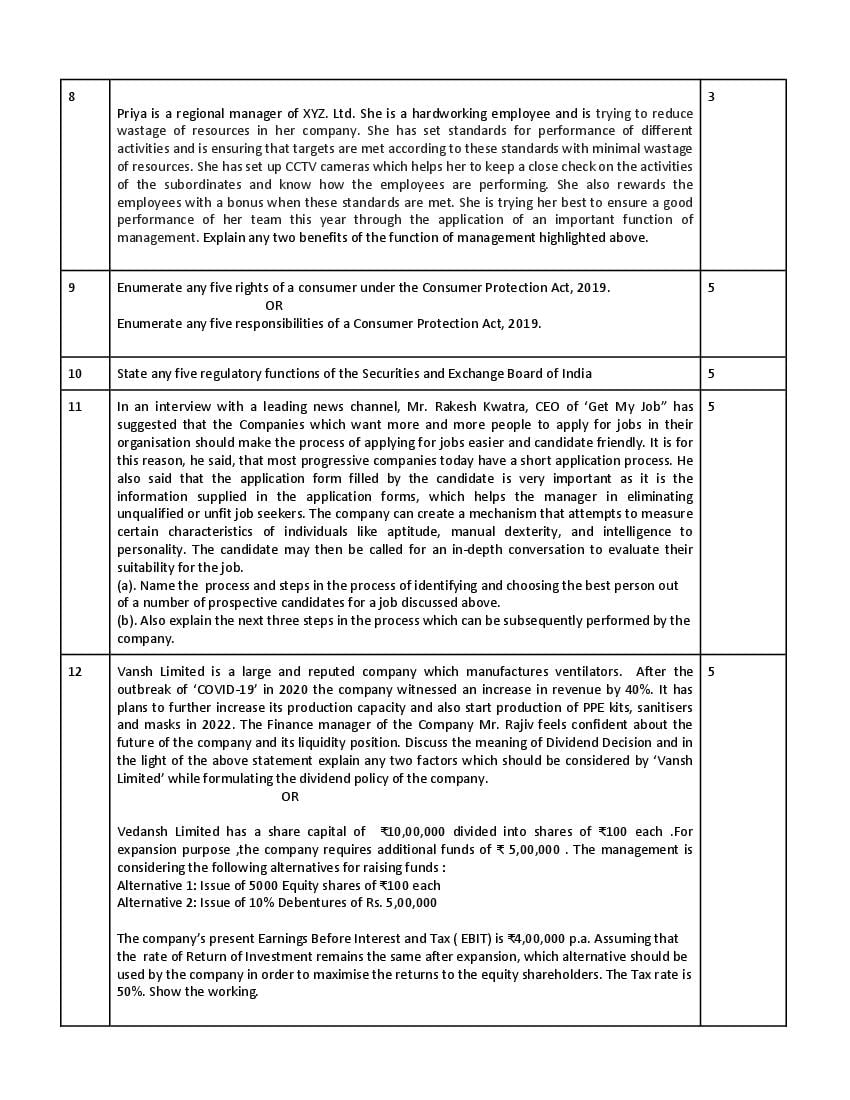 CBSE Sample Paper 2022 Class 12 Business Studies Term 2, Term 1 PDF Download