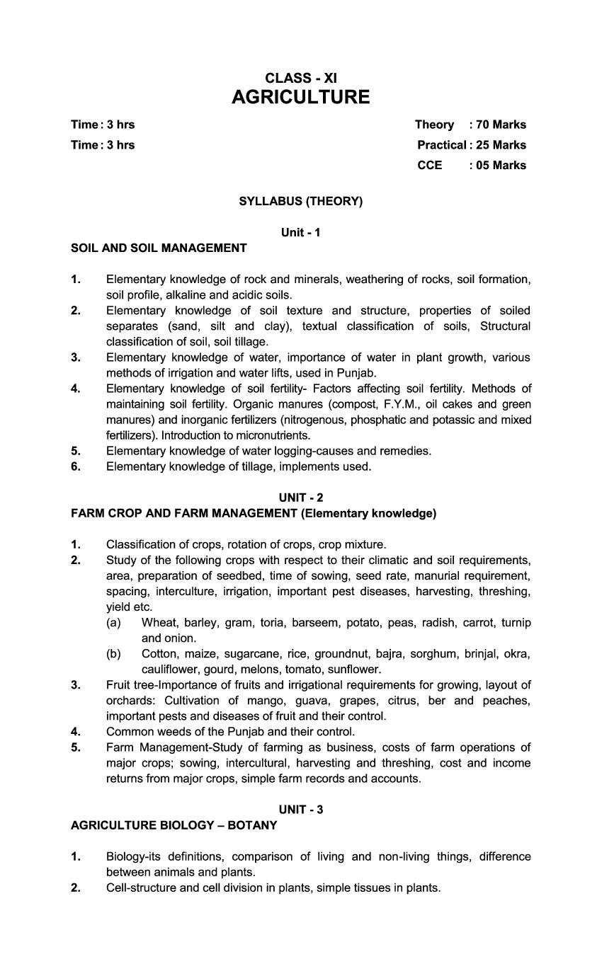 PSEB 11th Class Syllabus 2023 Agriculture - Page 1 of 2