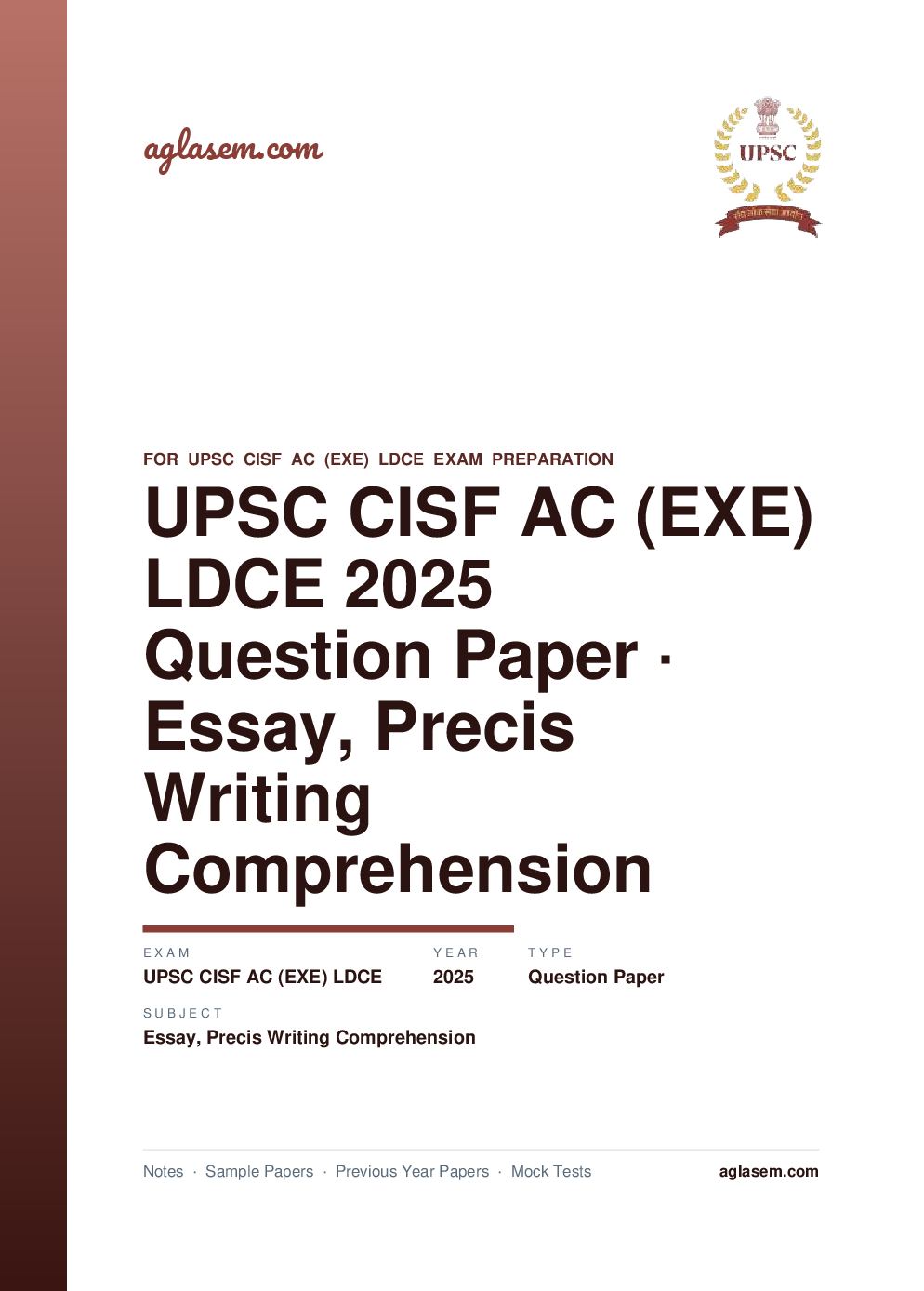 UPSC CISF AC (EXE) LDCE 2025 Question Paper Essay, Precis Writing and Comprehension - Page 1 of 9