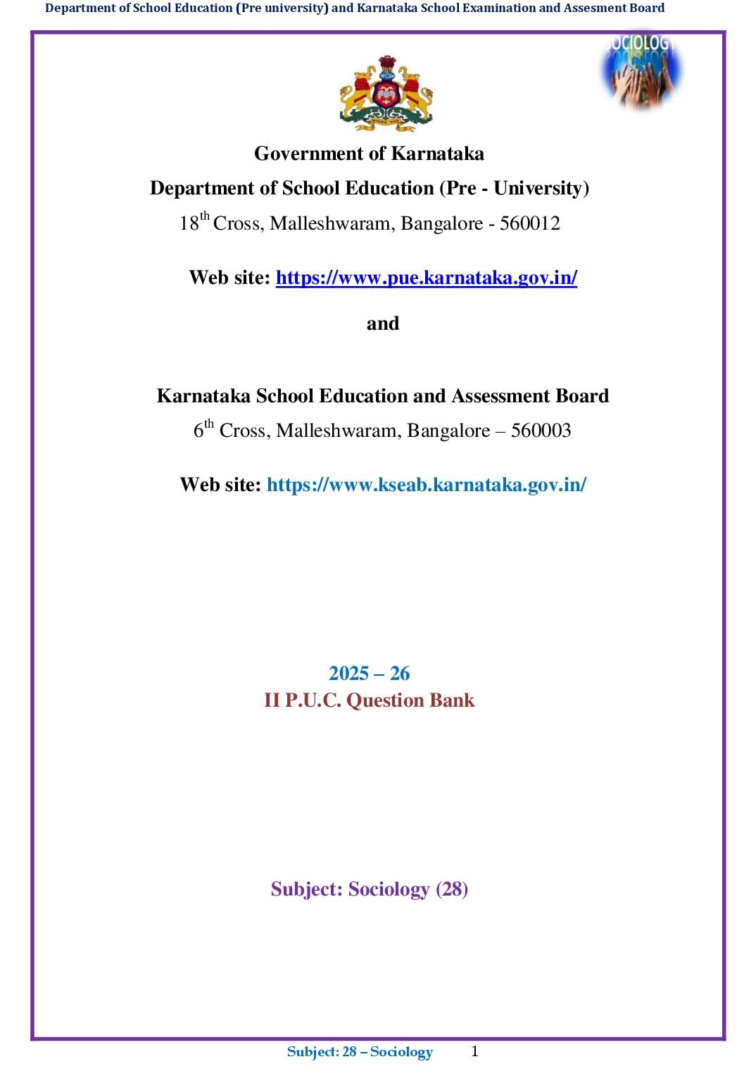 Karnataka 2nd PUC Question Bank 2026 Sociology - Page 1 of 79