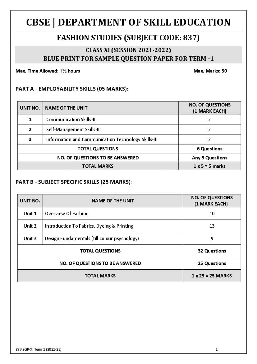 CBSE Class 11 Sample Paper 2022 for Fashion Studies Term 1 - Page 1
