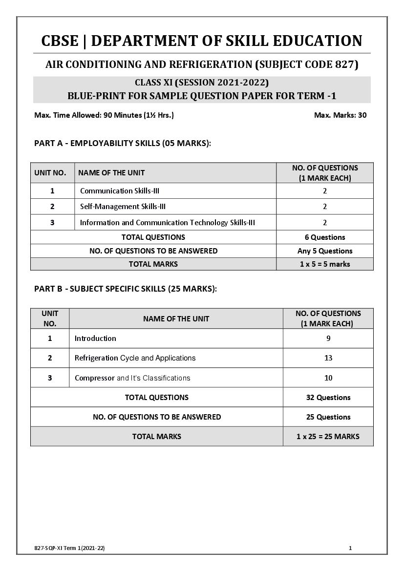 CBSE Class 11 Sample Paper 2022 for Air Conditioning and Refrigeration Term 1 - Page 1