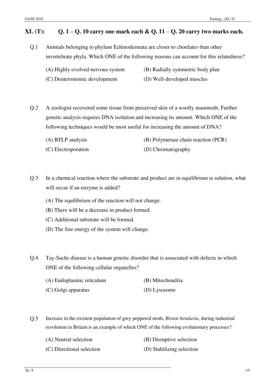 GATE 2018 Zoology (XL-T) Question Paper with Answer - Page 1