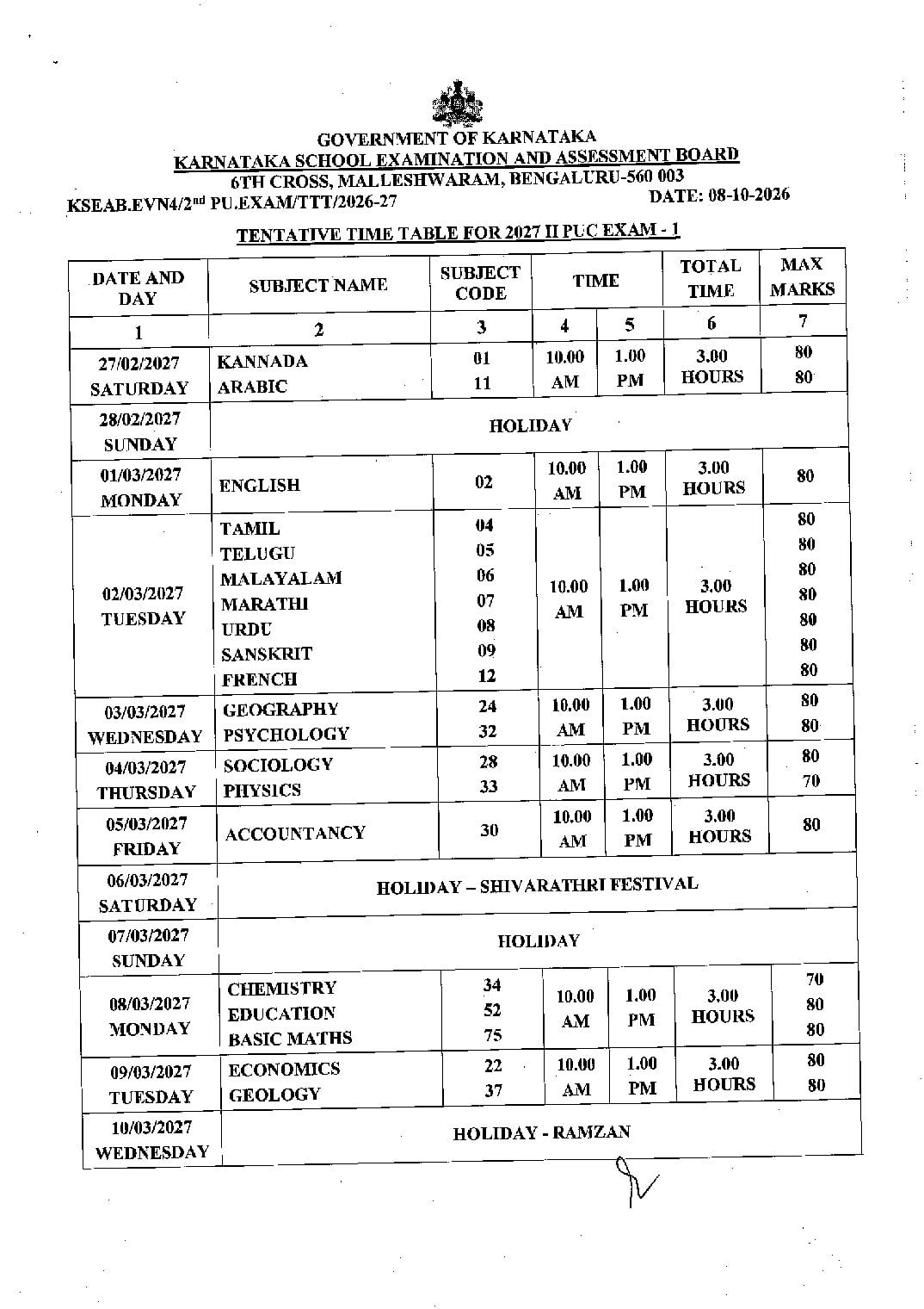 Karnataka Board 12th Time Table 2027 (Out) – KSEAB Class 12 Exam Date PDF