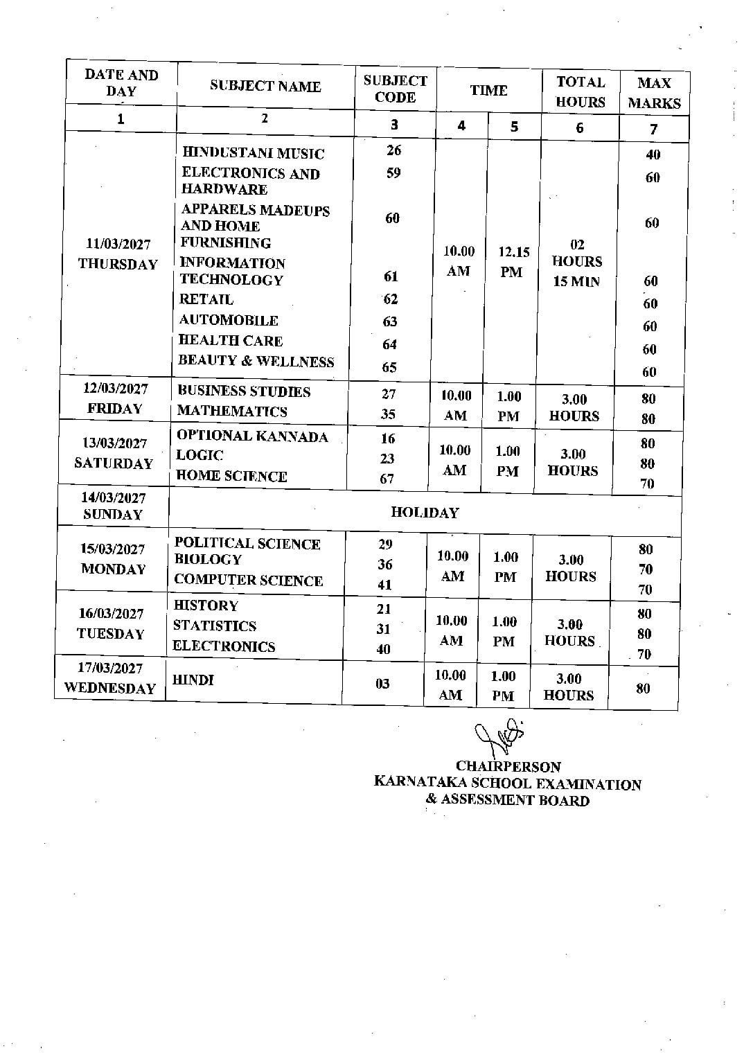 Karnataka Board 12th Time Table 2027 (Out) – KSEAB Class 12 Exam Date PDF