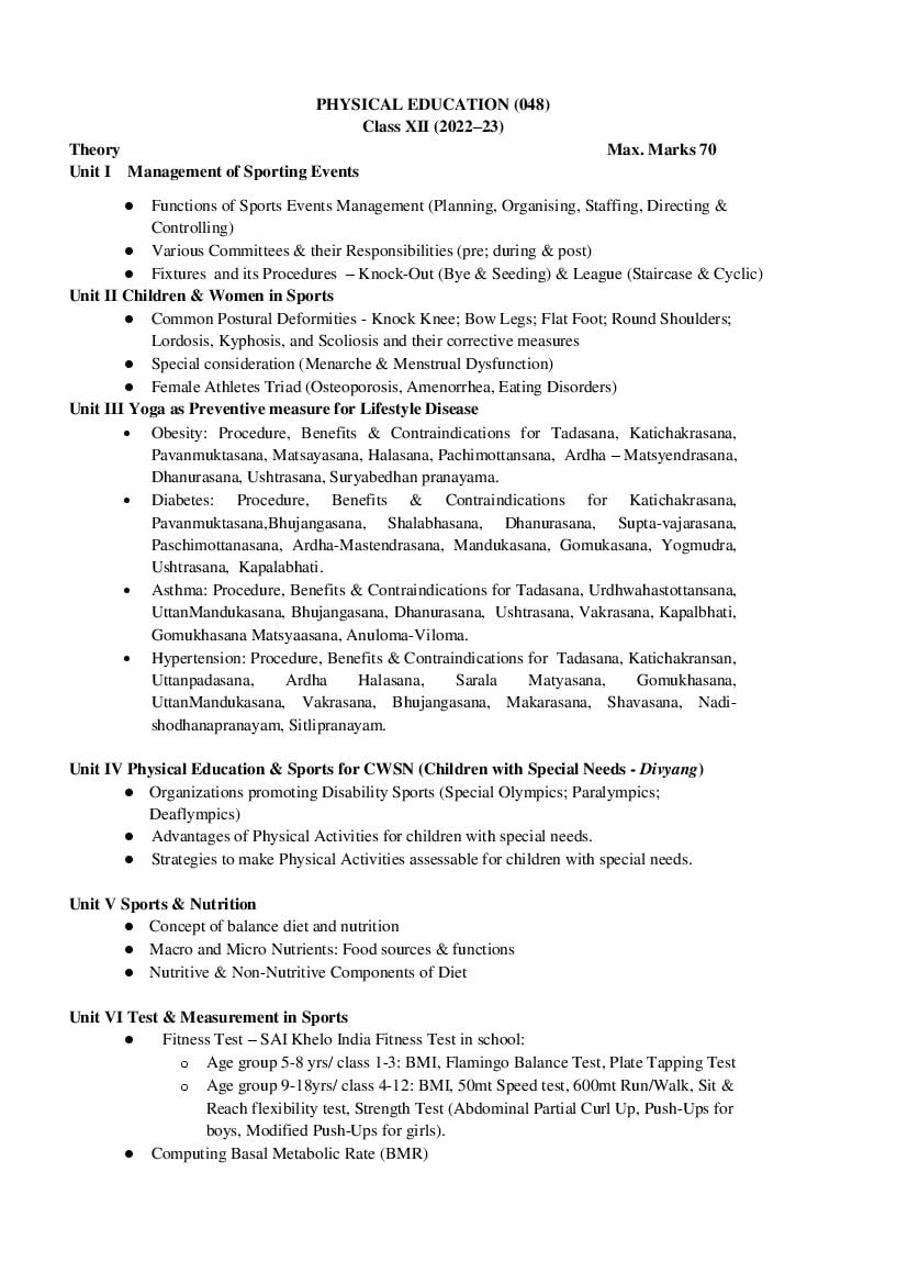 CBSE Class 12 Syllabus 2022-23 Physical Education - Page 1