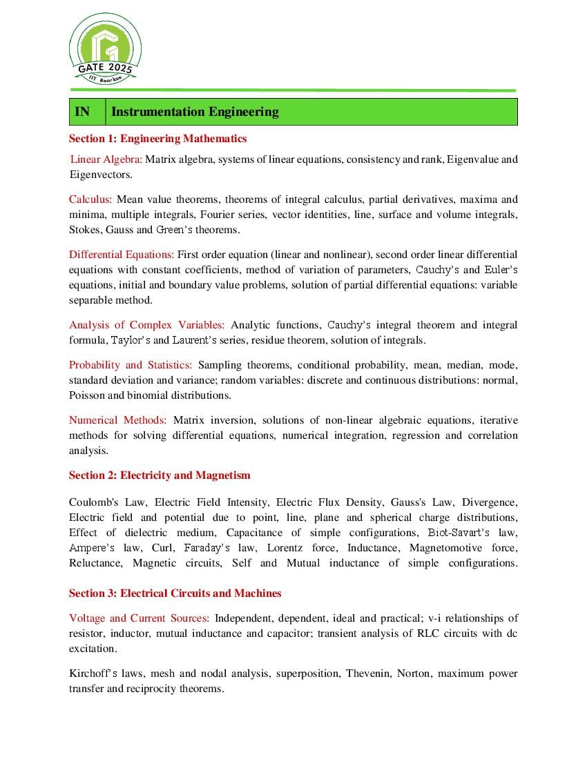 GATE 2025 Syllabus for Instrumentation Engineering - Page 1