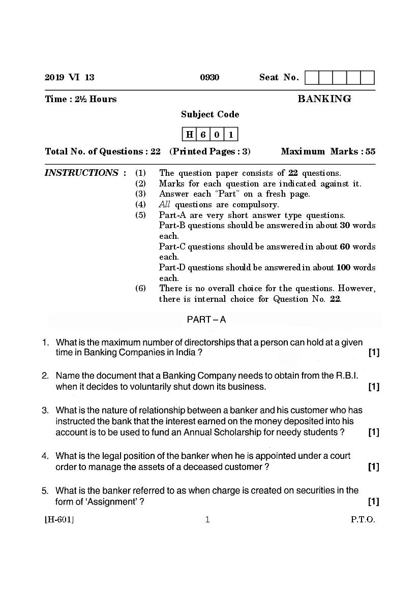 Goa Board Class 12 Question Paper June 2019 Banking - Page 1