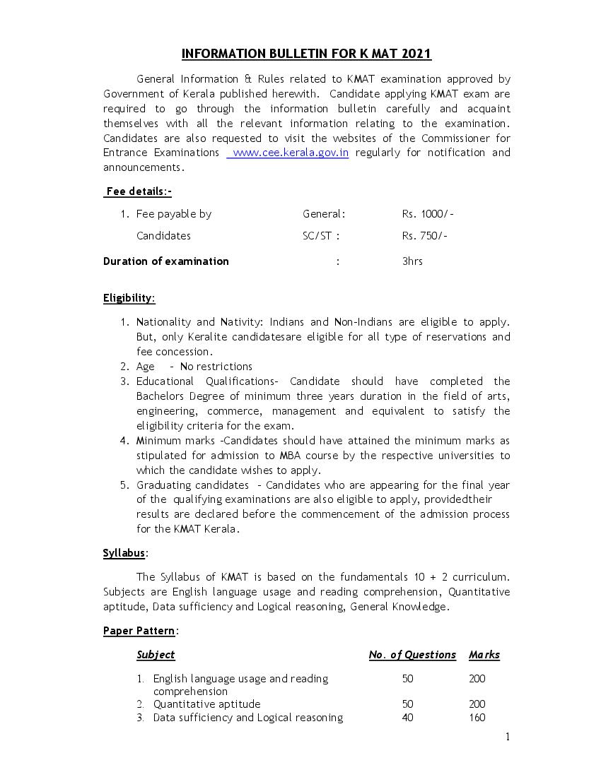 KMAT Kerala 2021 Information Brochure - Page 1 of 14