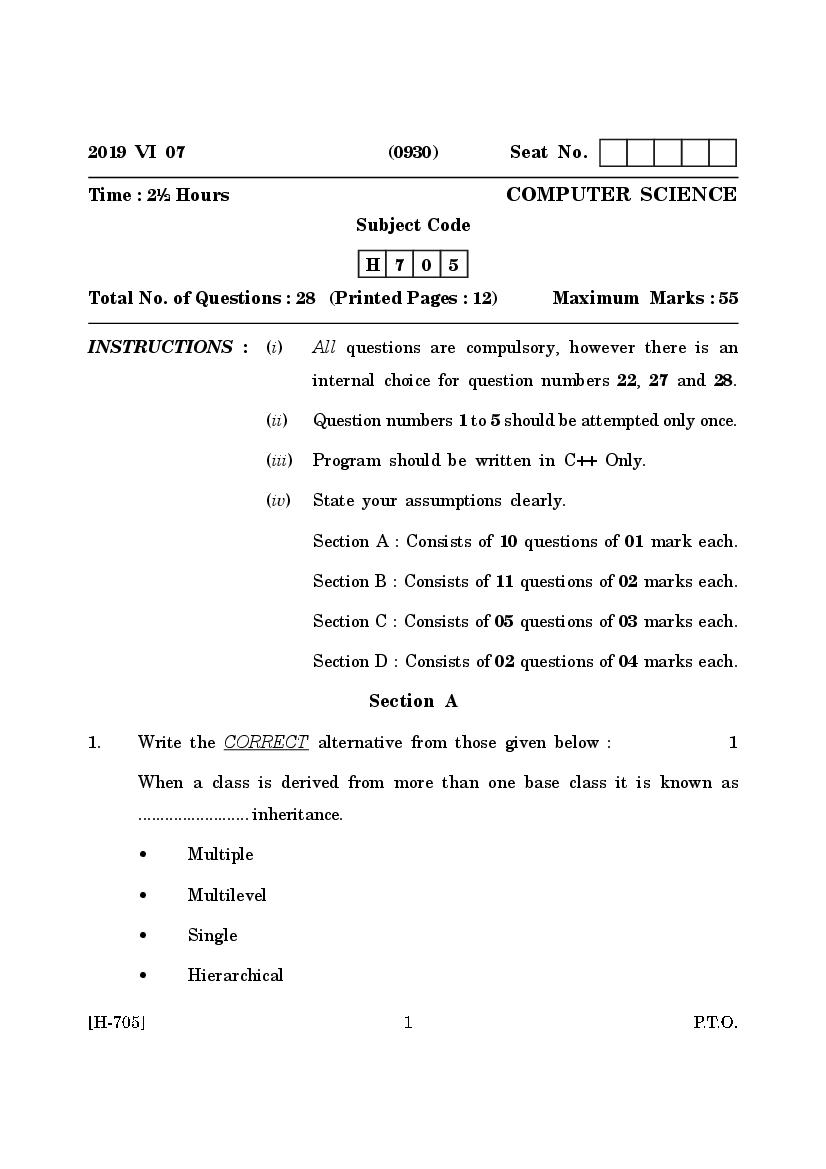 Goa Board Class 12 Question Paper June 2019 Computer Science - Page 1