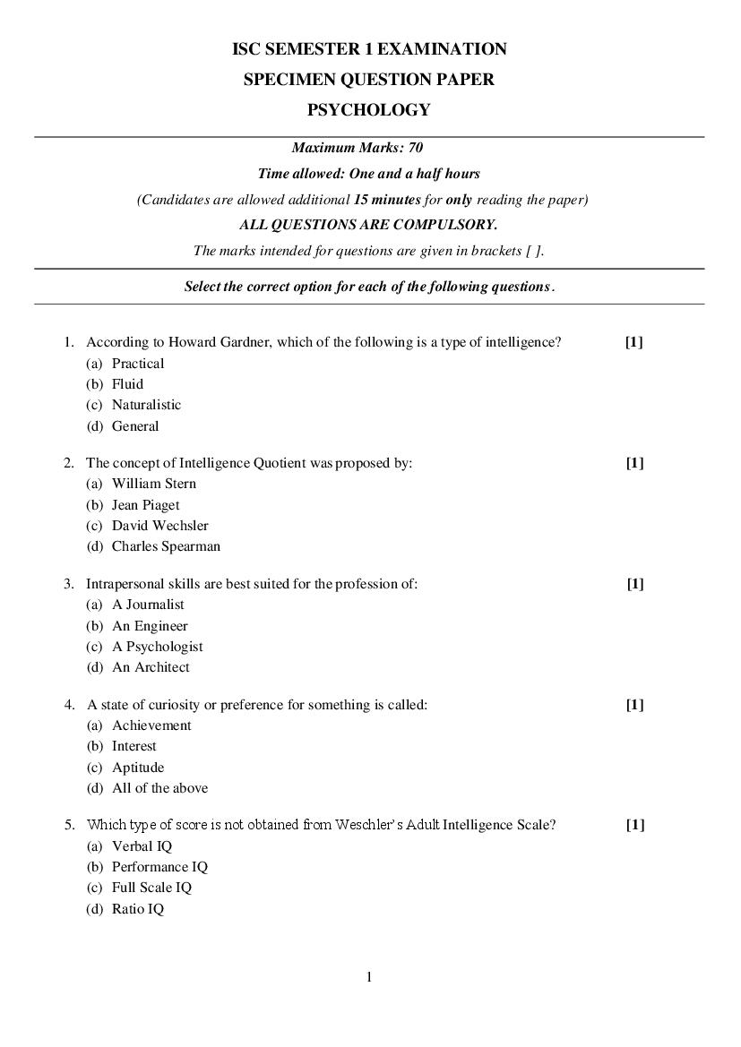ISC Class 12 Specimen Paper 2022  Psychology Semester 1 - Page 1