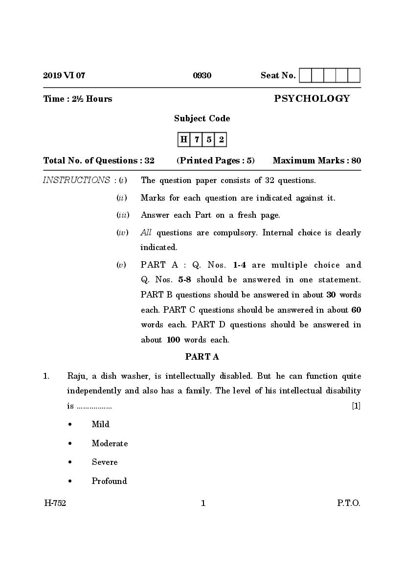 Goa Board Class 12 Question Paper June 2019 Psychology - Page 1