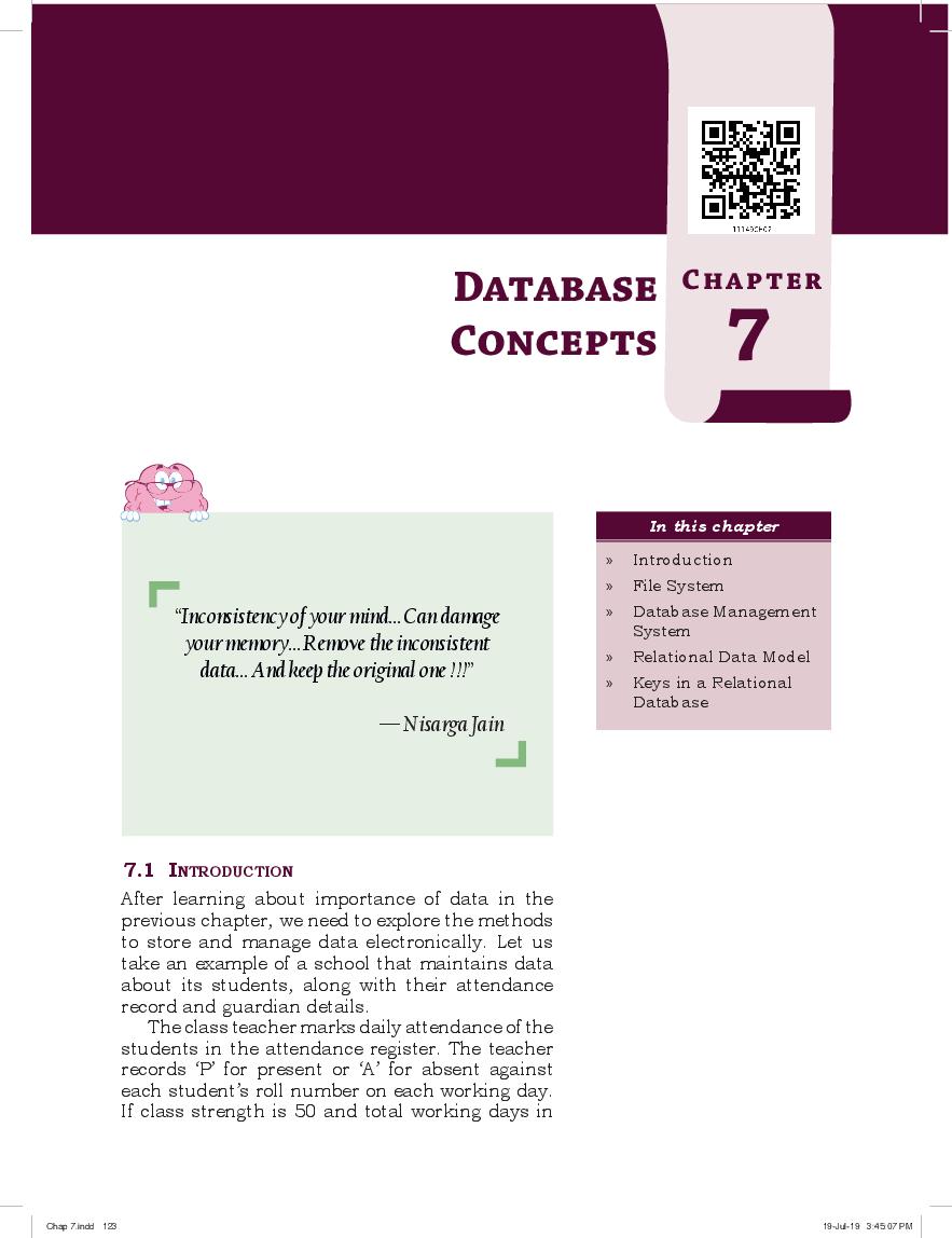 NCERT Book Class 11 Informatics Practices Chapter 7 Database Concepts - Page 1