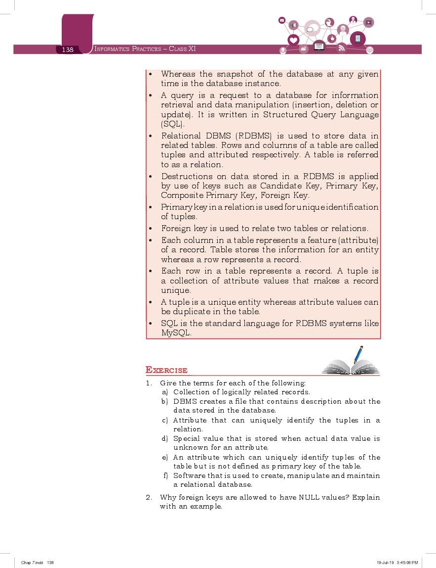 NCERT Book Class 11 Informatics Practices Chapter 7 Database Concepts