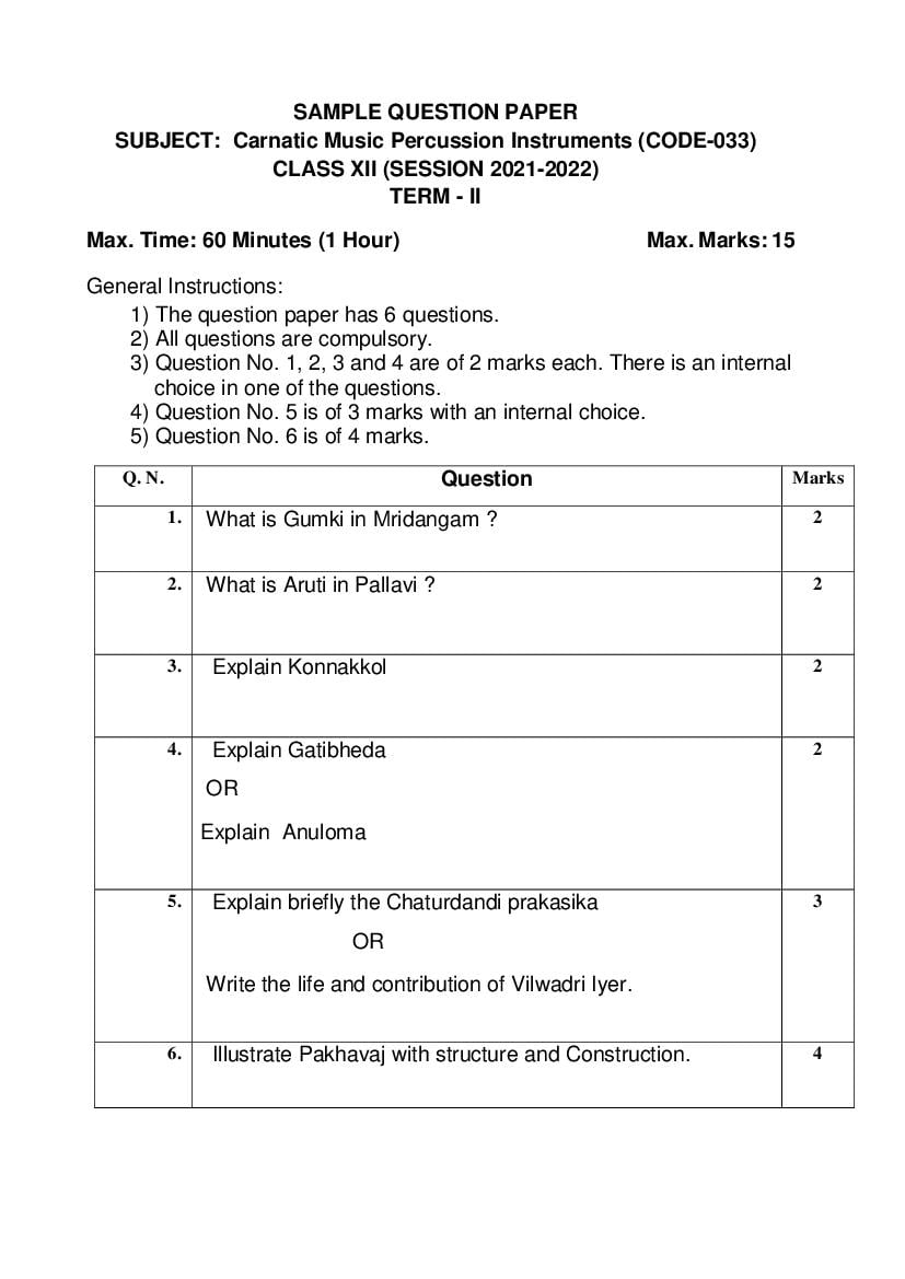 CBSE Class 12 Sample Paper 2022 for Carnatic Music Percussion Term 2 - Page 1