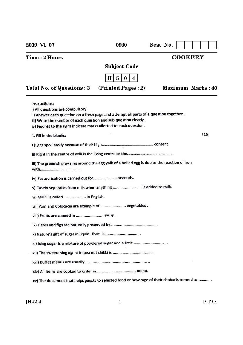 Goa Board Class 12 Question Paper June 2019 Cookery - Page 1