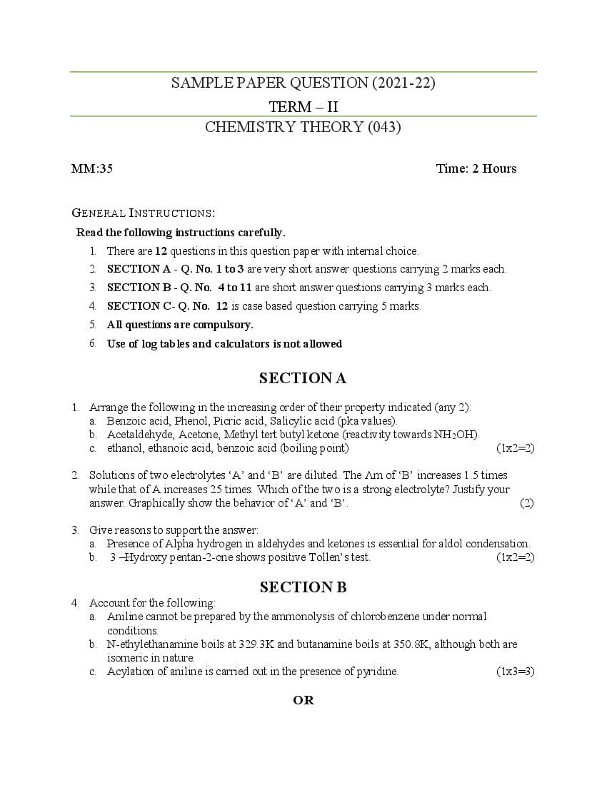 CBSE Class 12 Sample Paper 2022 for Chemistry Term 2 - Page 1