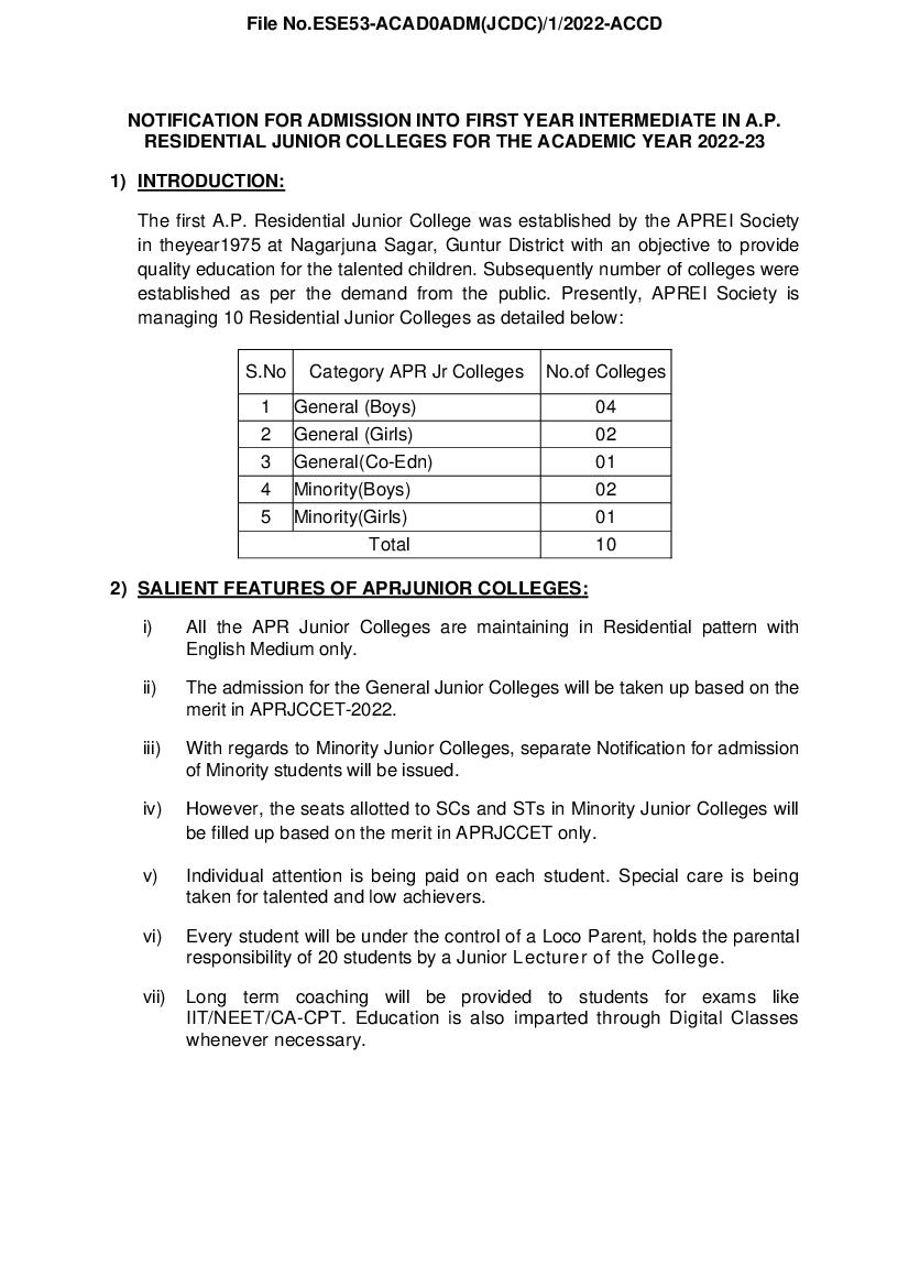 APRJC CET 2022 Prospectus - Page 1