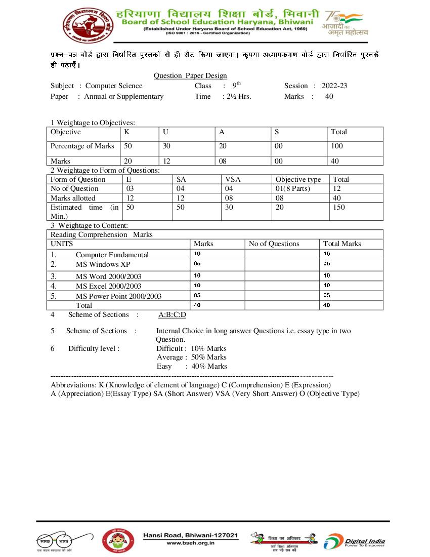 HBSE Class 9 Question Paper Design 2023 Computer Science - Page 1