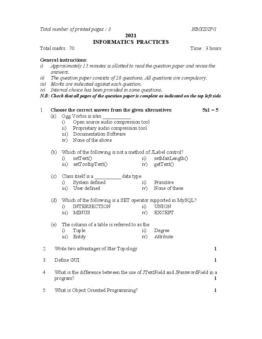 NBSE Class 12 Question Paper 2021 for Informatics Practices - Page 1