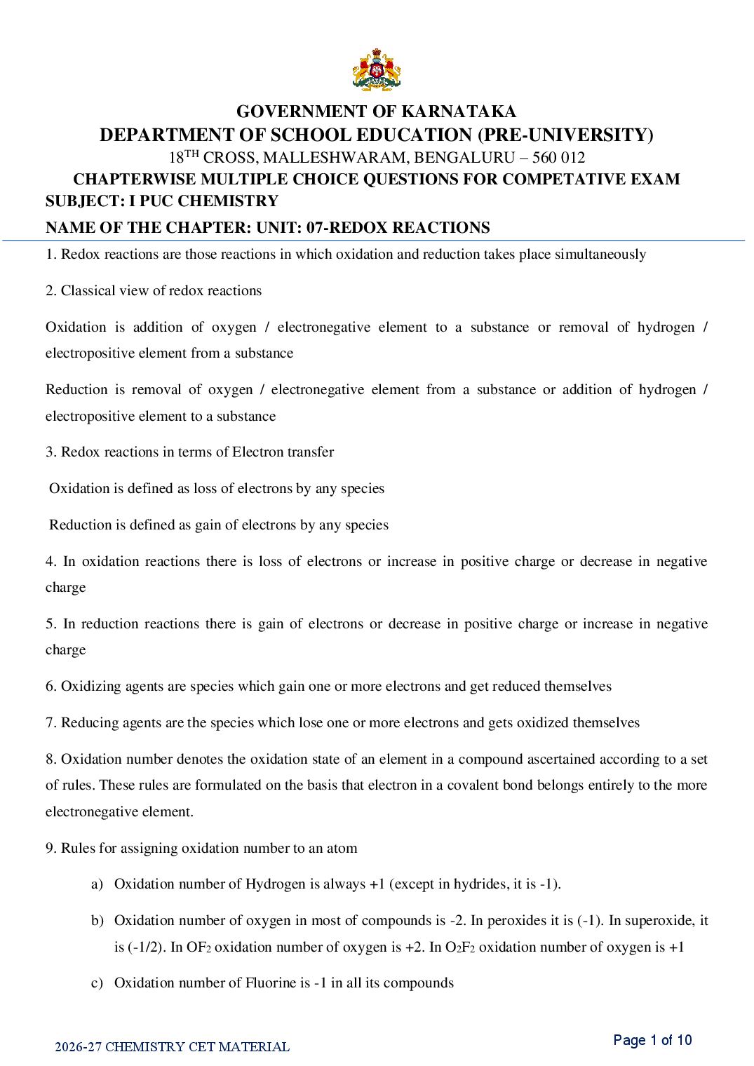 Karnataka 1st PUC Chemistry Redox Reactions MCQ with Answers - Page 1 of 10
