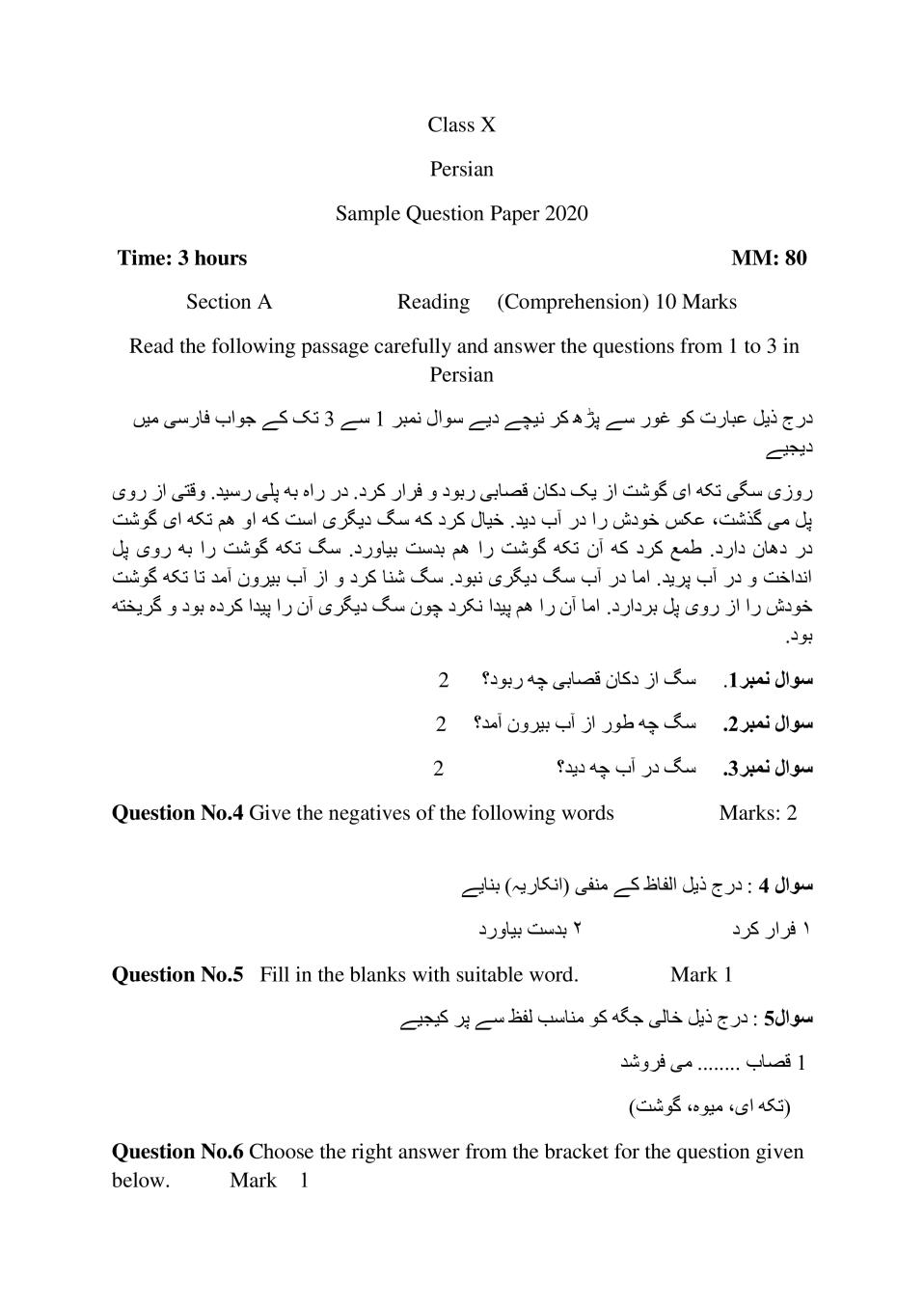 CBSE Class 10 Sample Paper 2020 for Persian - Page 1