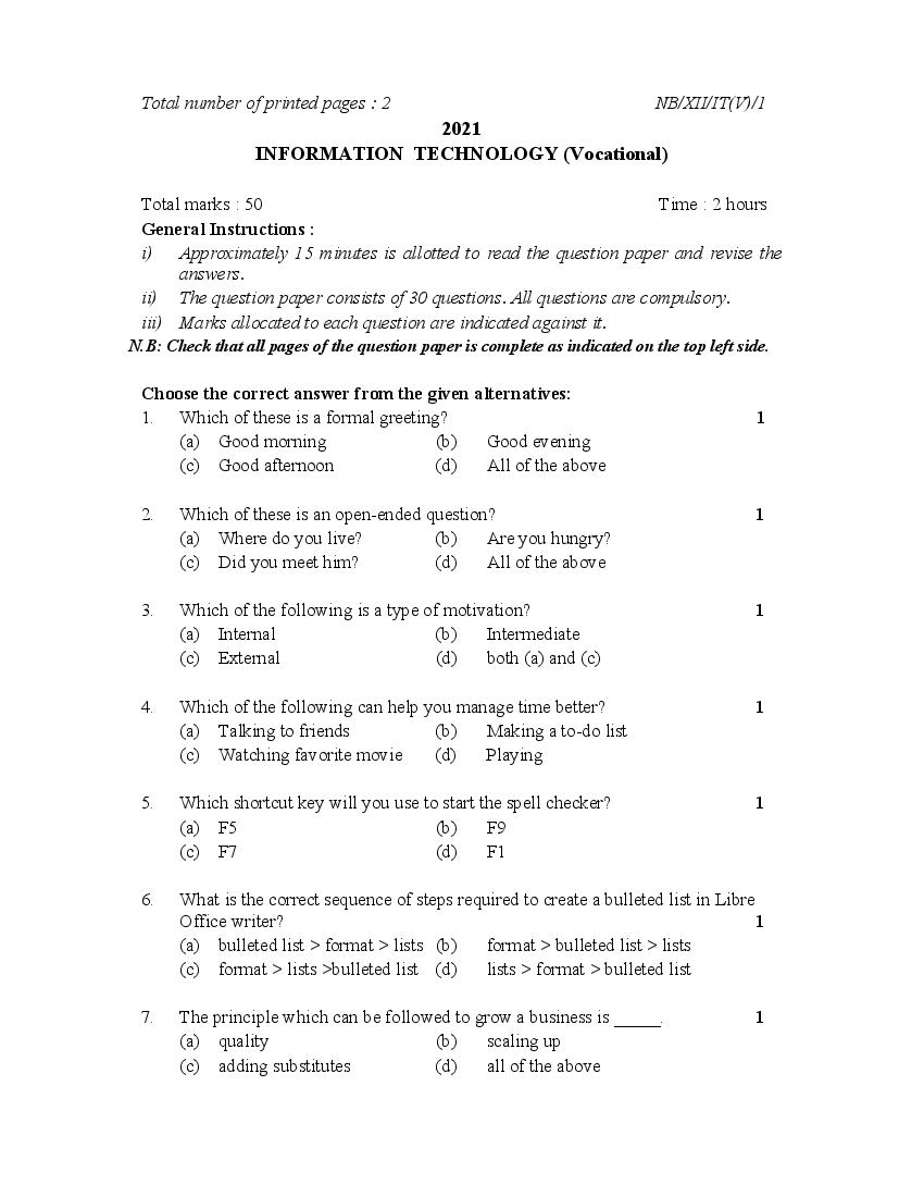 NBSE Class 12 Question Paper 2021 for Information Technology - Page 1