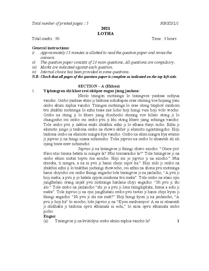 NBSE Class 12 Question Paper 2021 for Lotha - Page 1
