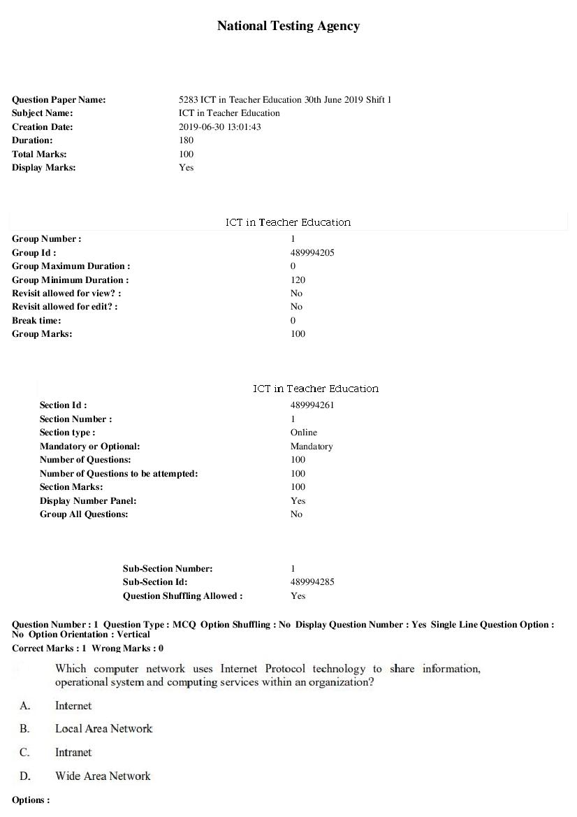 ARPIT 2019 Question Paper for ICT in Teacher Education Shift 1 - Page 1 of 35
