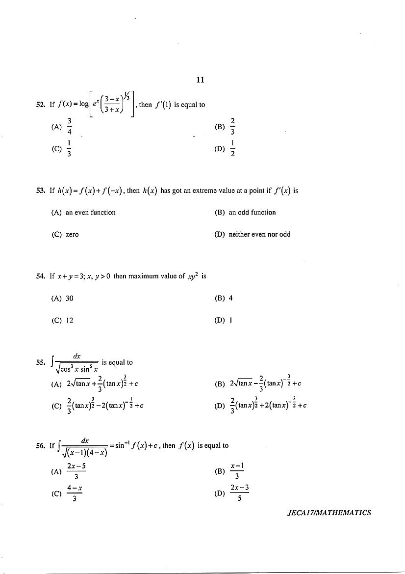 WB JECA 2017 Question Paper PDF: Mathematics and Aptitude