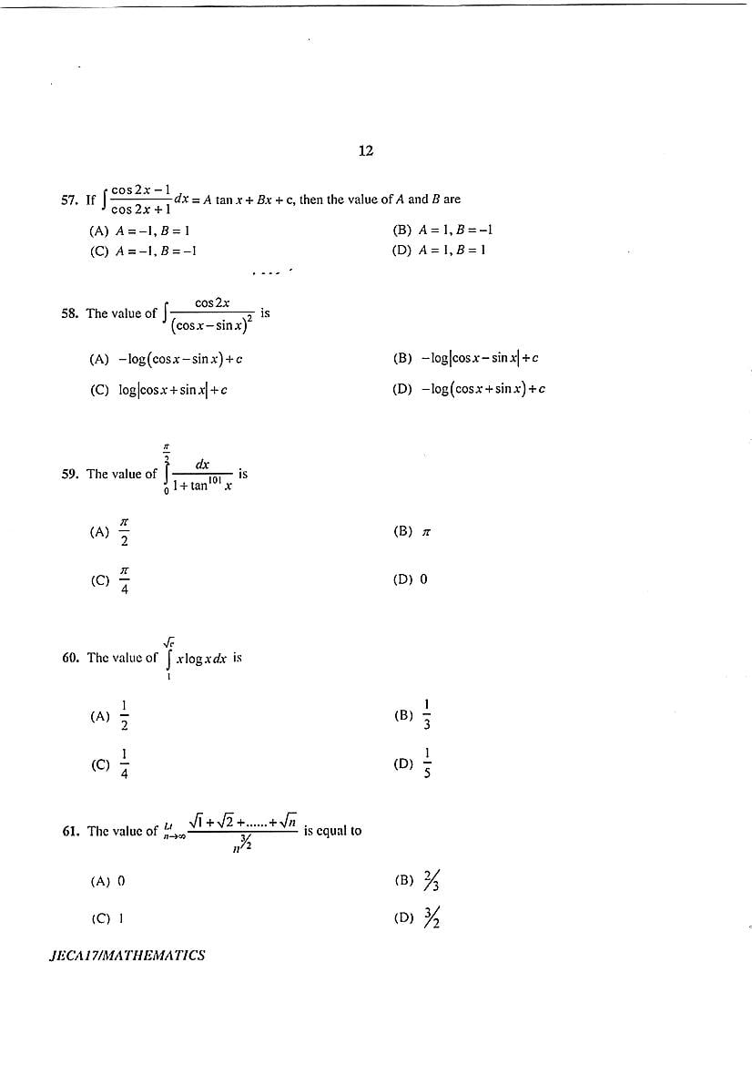 WB JECA 2017 Question Paper PDF: Mathematics and Aptitude