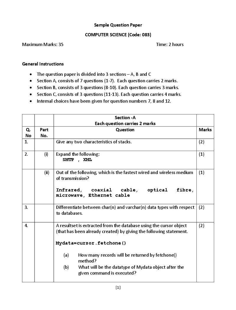 CBSE Class 12 Sample Paper 2022 for Computer Science Term 2 - Page 1