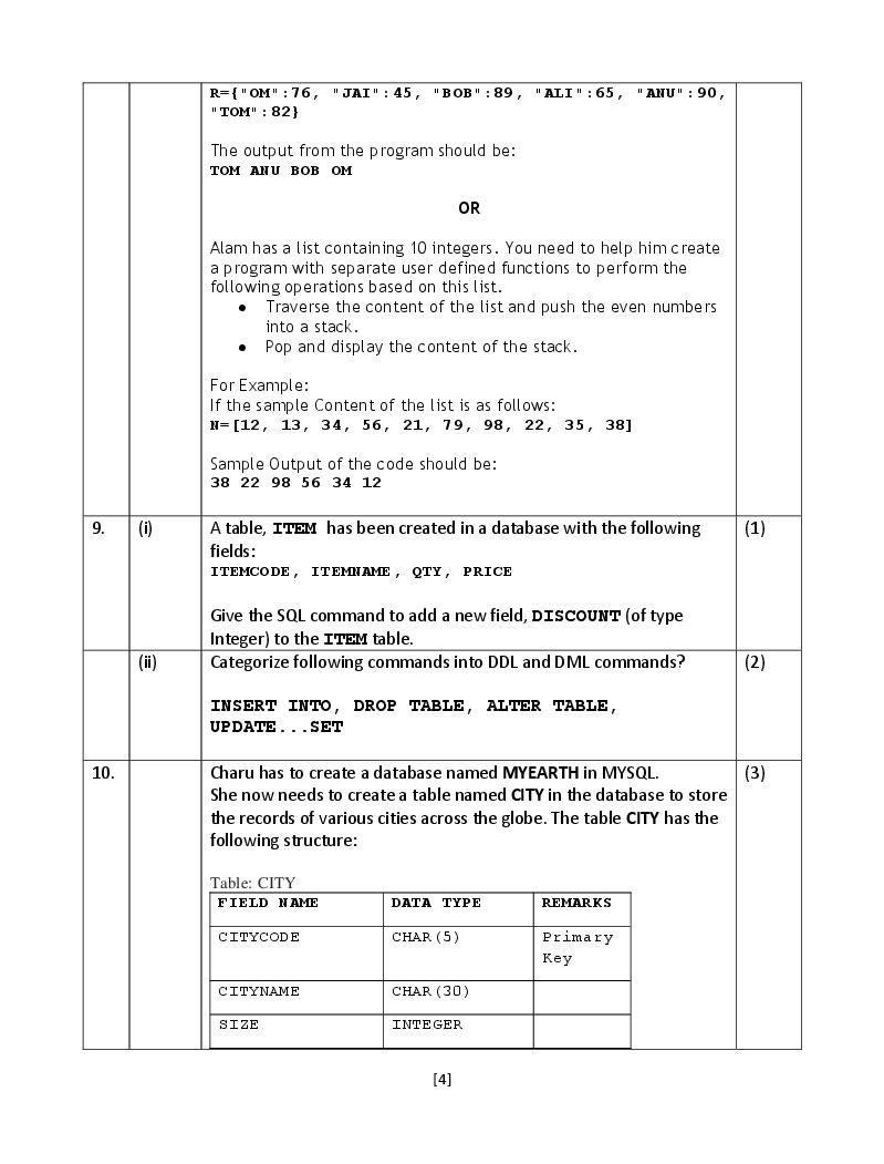 CBSE Sample Paper 2022 Class 12 Computer Science Term 2, Term 1 PDF