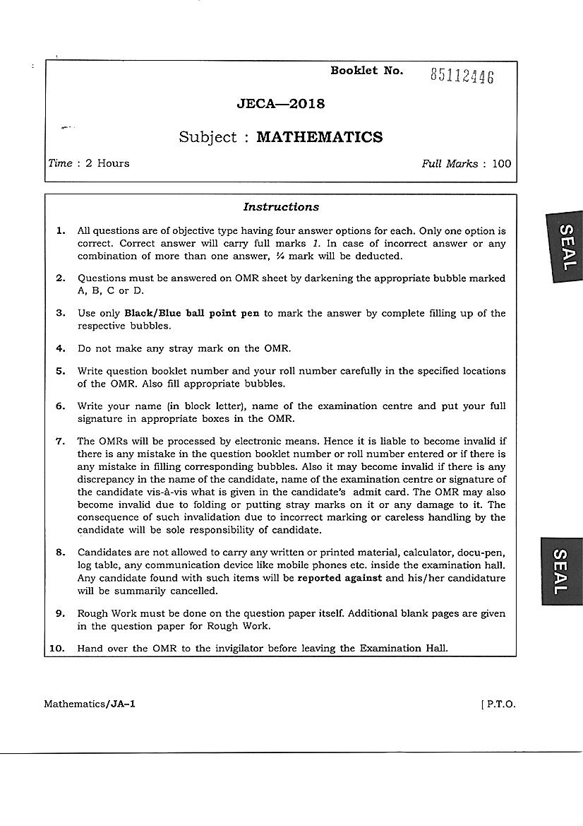 JECA 2018 Question Paper Mathematics - Page 1