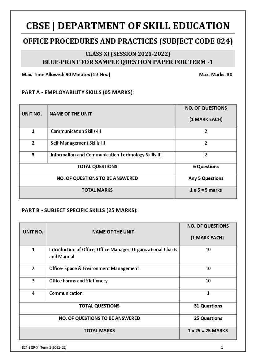 CBSE Class 11 Sample Paper 2022 for Office Procedure and Practices Term 1 - Page 1