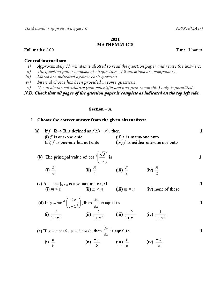 NBSE Class 12 Question Paper 2021 for Maths - Page 1