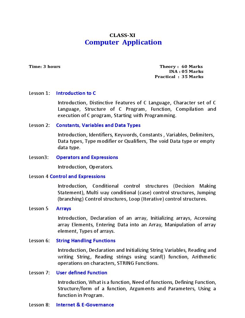 PSEB 11th Class Syllabus 2023 Computer Application - Page 1