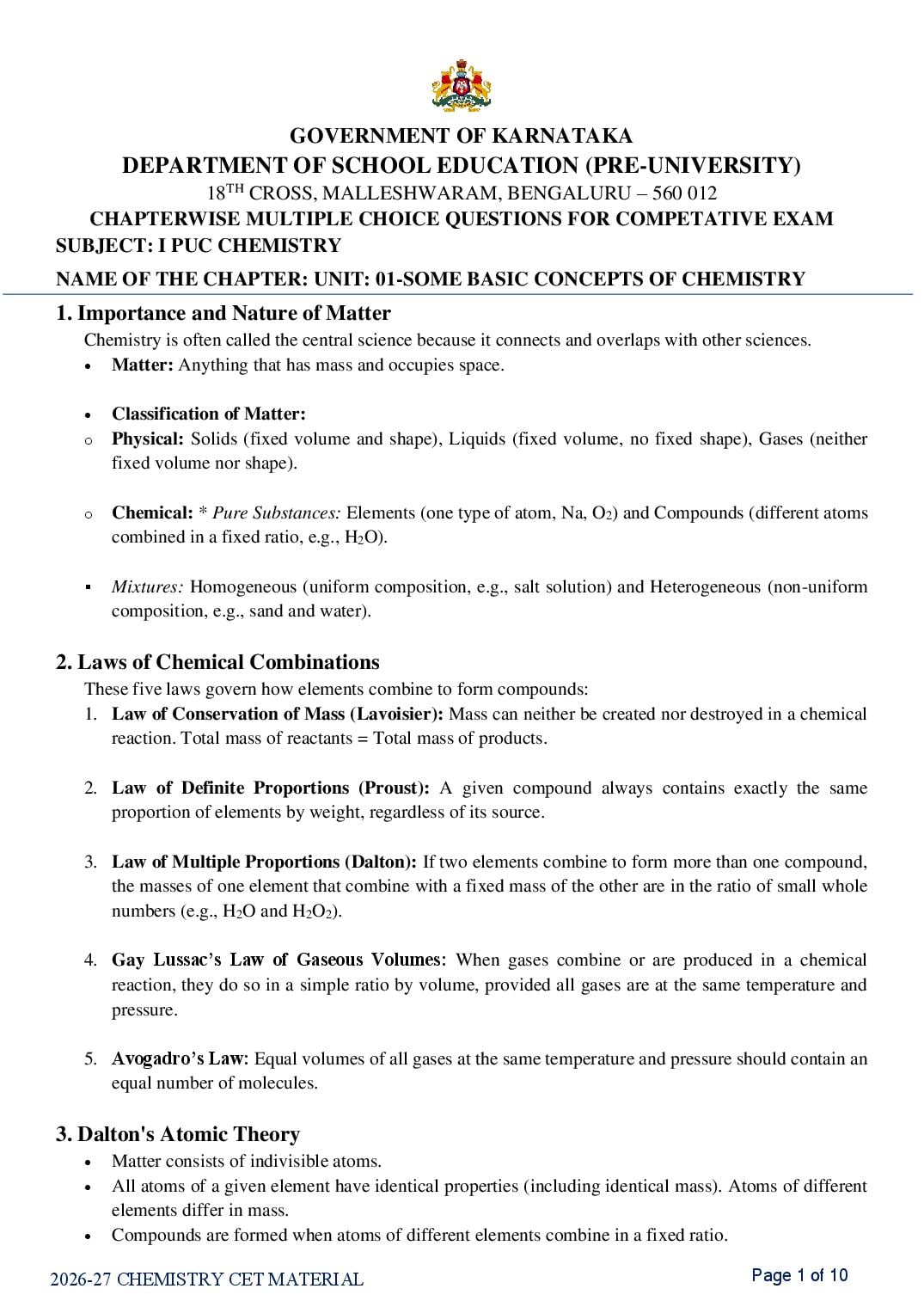 Karnataka 1st PUC Chemistry Some Basic Concepts of Chemistry MCQ with Answers - Page 1 of 10
