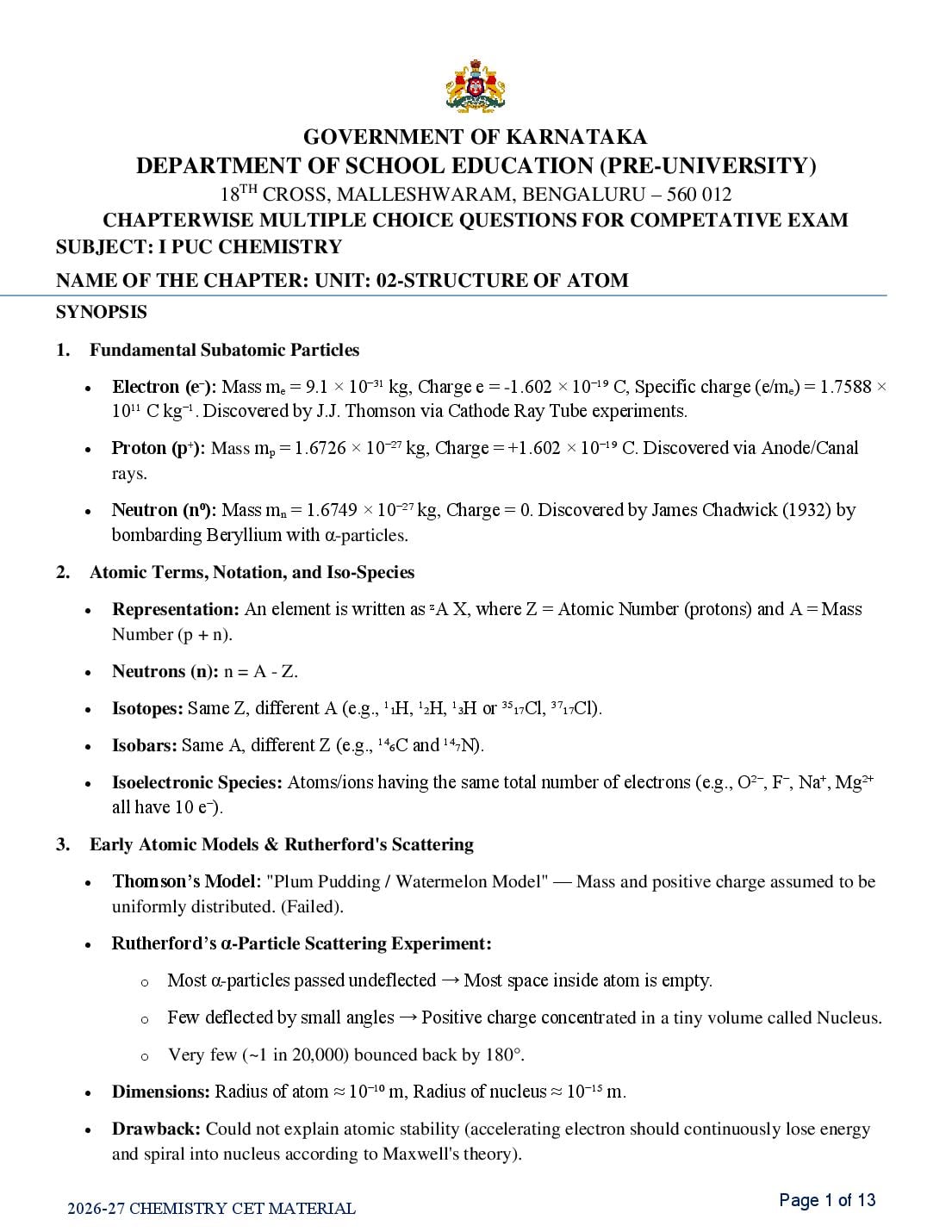 Karnataka 1st PUC Chemistry Structure of Atom MCQ with Answers - Page 1 of 13