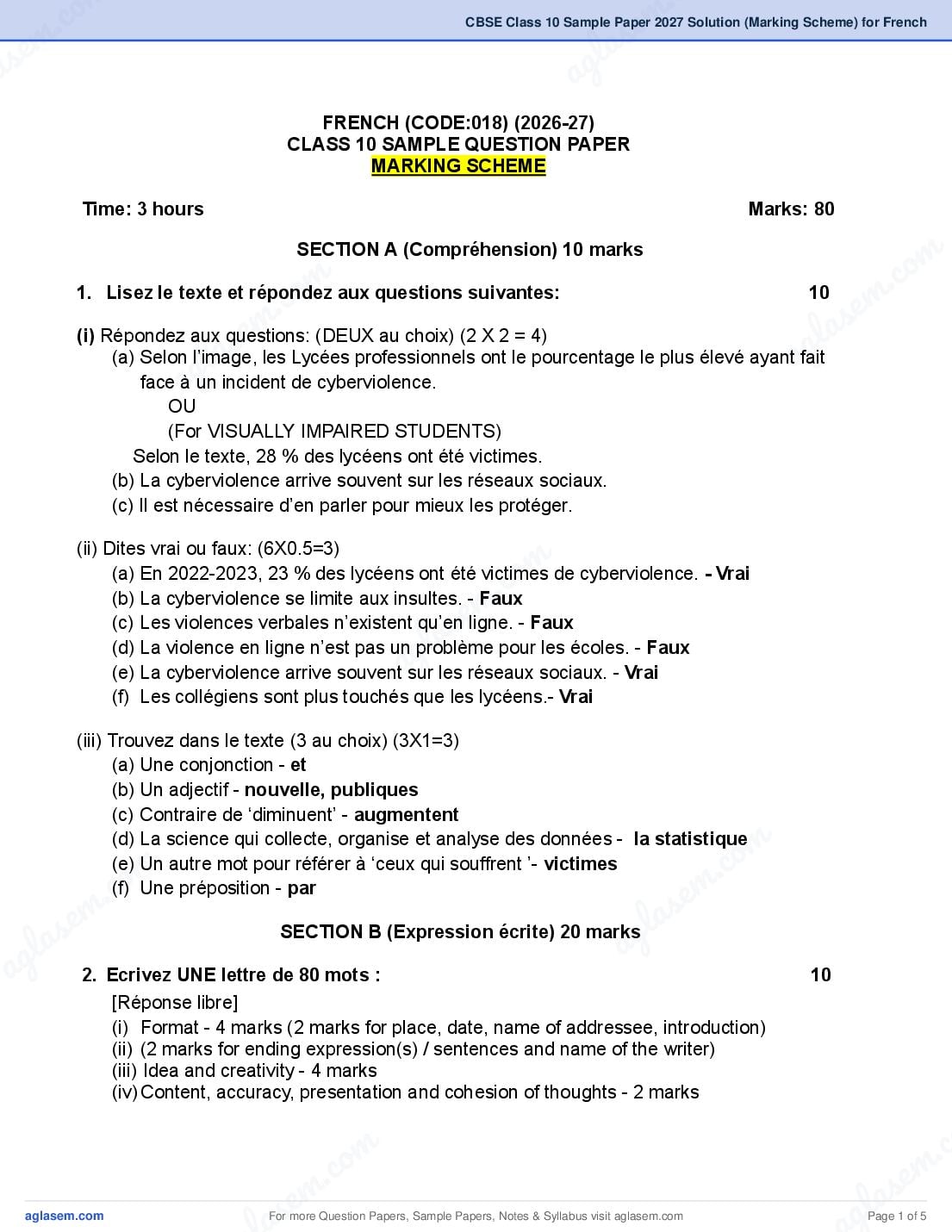 CBSE Class 10 Sample Paper 2027 Solution (Marking Scheme) for French - Page 1 of 5