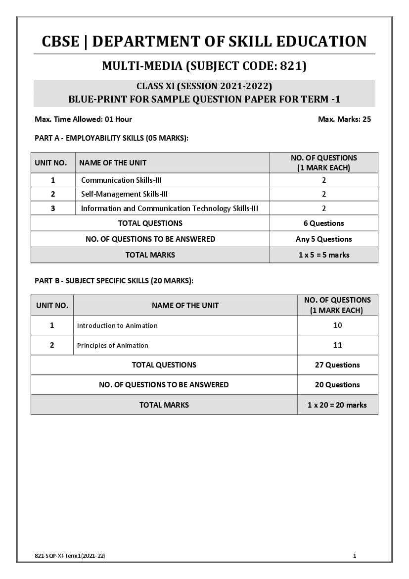 CBSE Class 11 Sample Paper 2022 for Multimedia Term 1 - Page 1