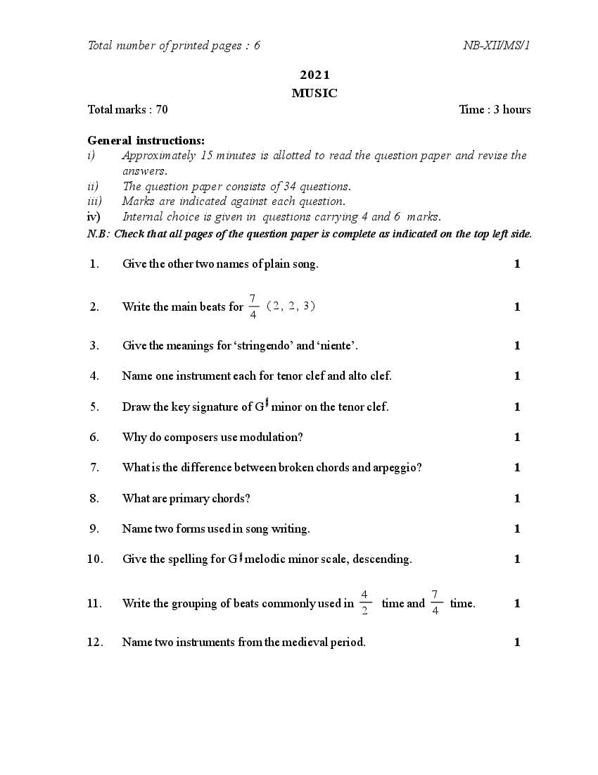 NBSE Class 12 Question Paper 2021 for Music - Page 1
