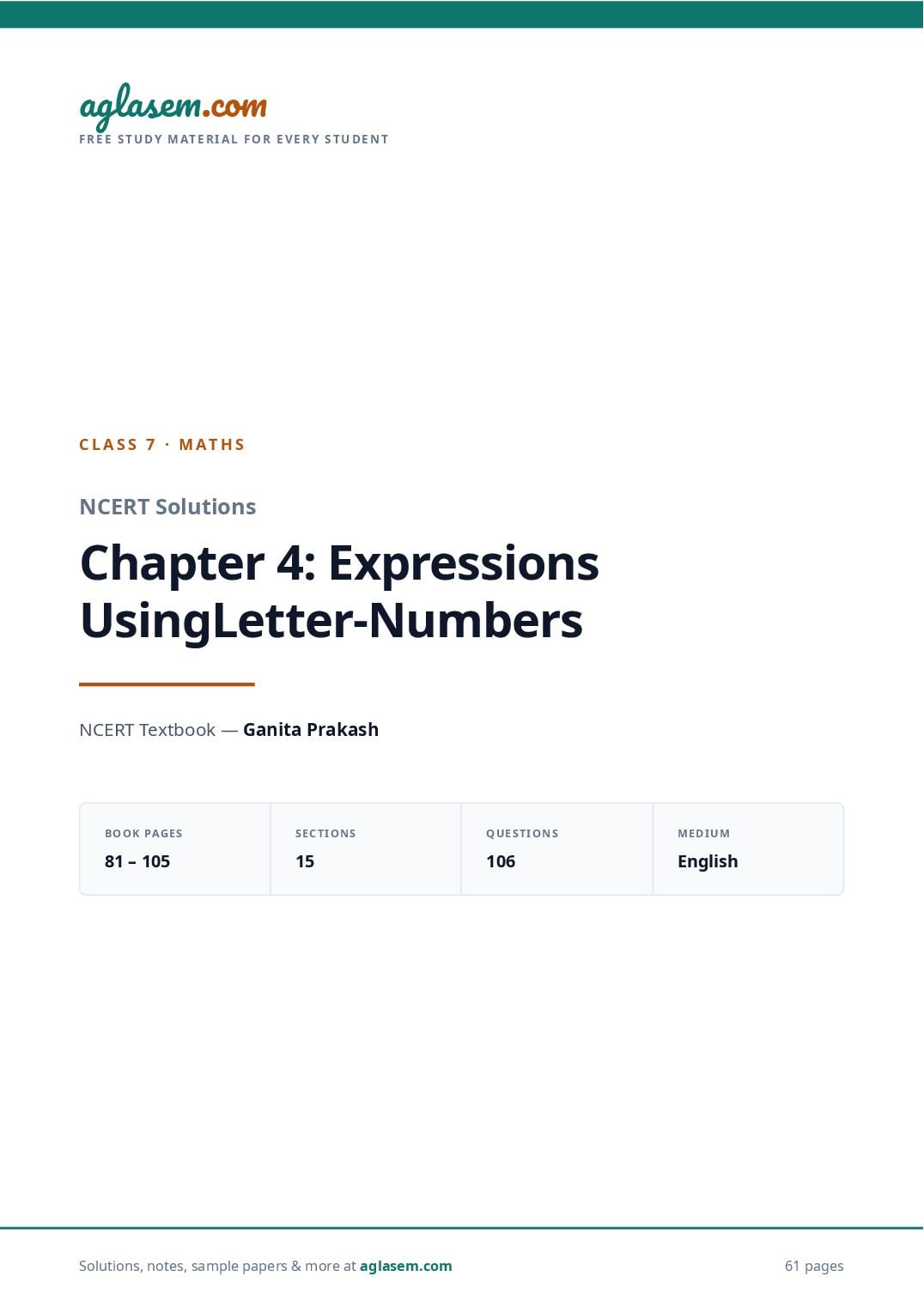 NCERT Solutions Class 7 Maths Chapter 4 Expressions Using Letter Numbers - Page 1 of 62