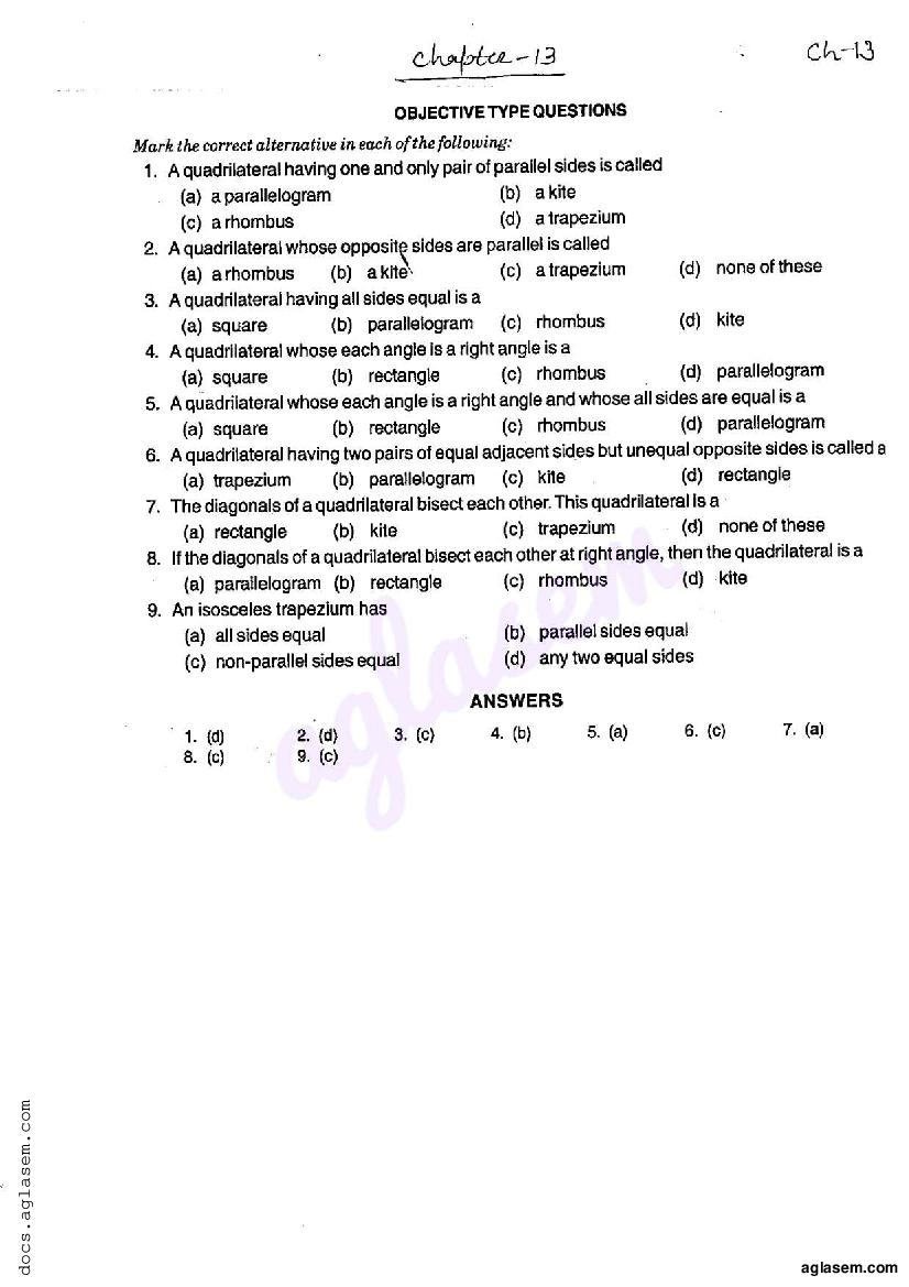 RD Sharma Solutions Class 6 Maths Chapter 13 Quadrilaterals MCQ - Page 1