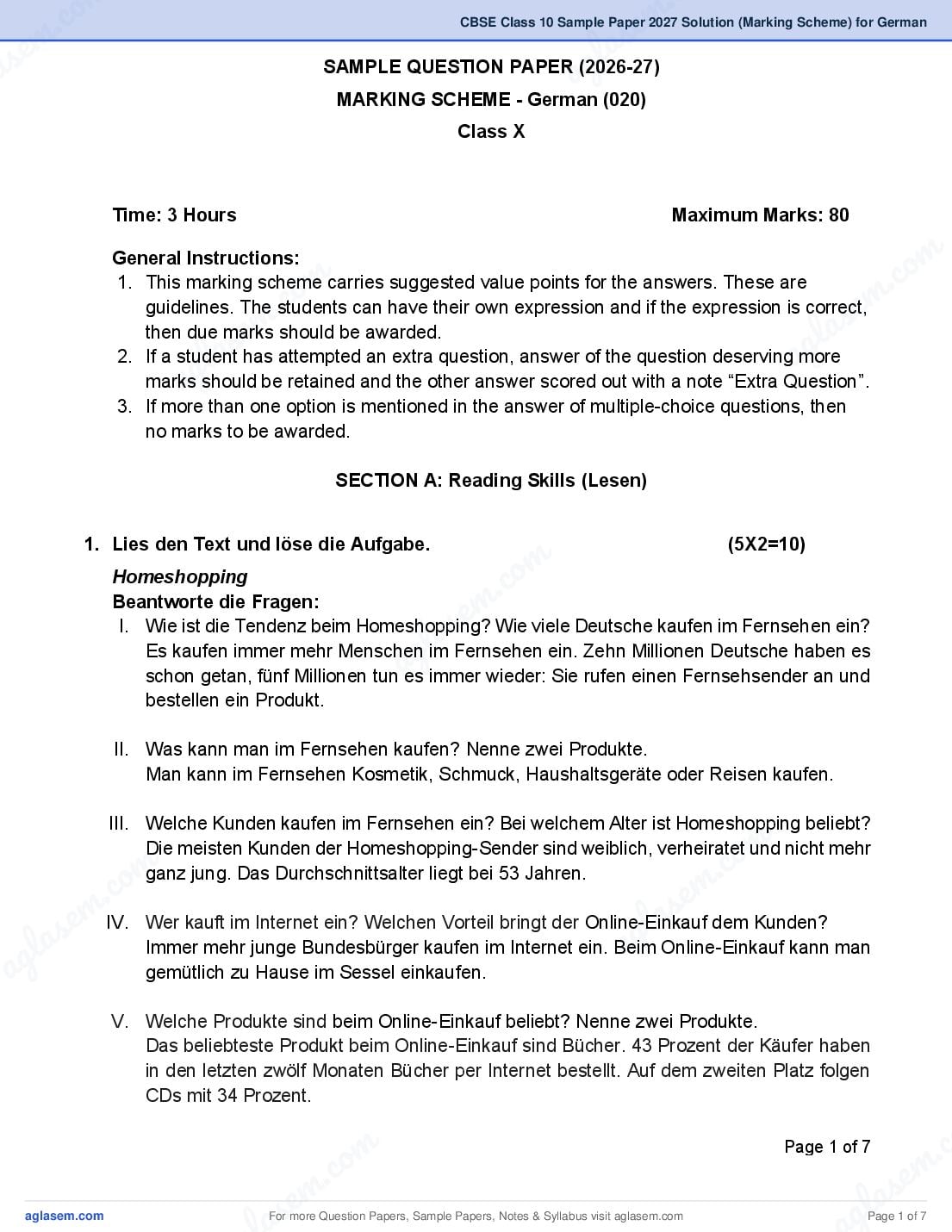 CBSE Class 10 Sample Paper 2027 Solution (Marking Scheme) for German - Page 1 of 7