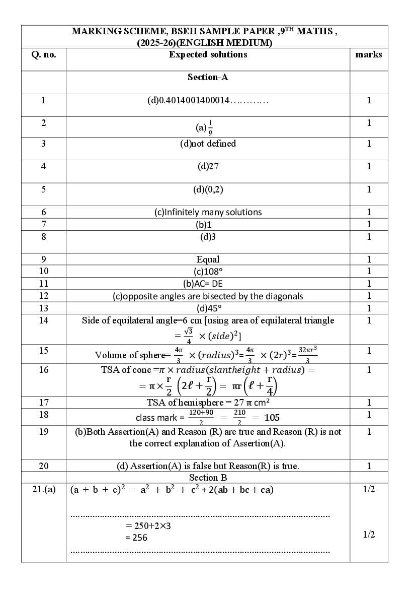 HBSE Class 9 Sample Paper 2026 Answers Mathematics - Page 1