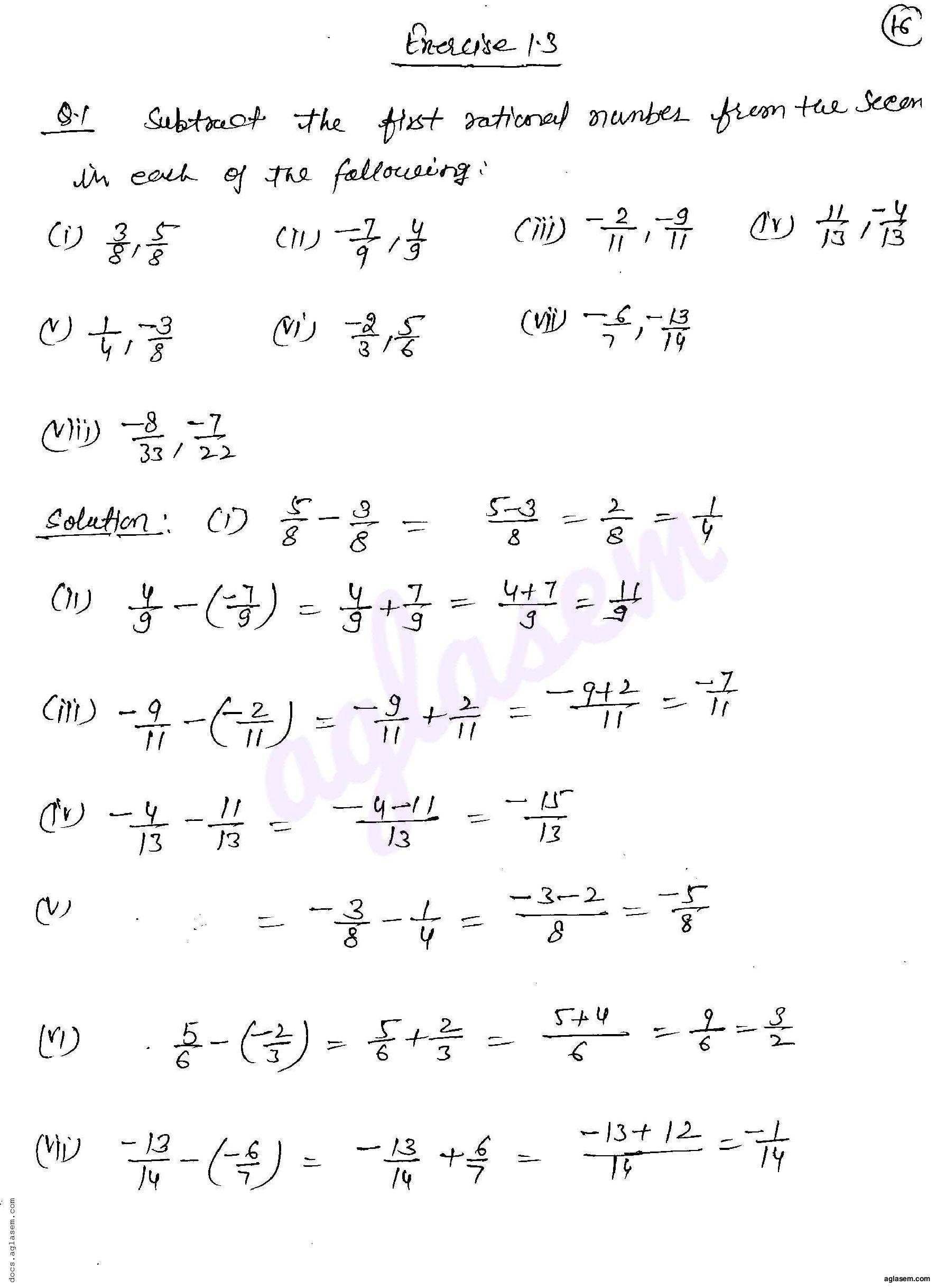 RD Sharma Solutions Class 8 Chapter 1 Rational Numbers Exercise 1.3 - Page 1