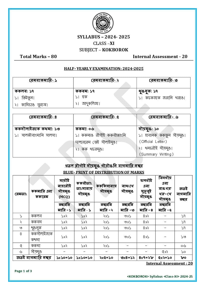 TBSE Class 11 Syllabus 2025 Kokborok - Page 1