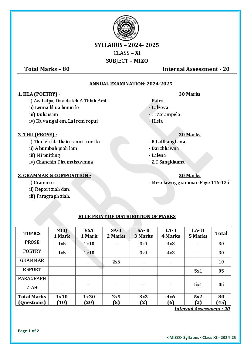 TBSE Class 11 Syllabus 2025 Mizo - Page 1